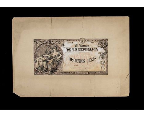 Republice Bank of Argentina, an original hand drawn design essay for the face of a 200 Pesos note, possibly circa 1880's to 1