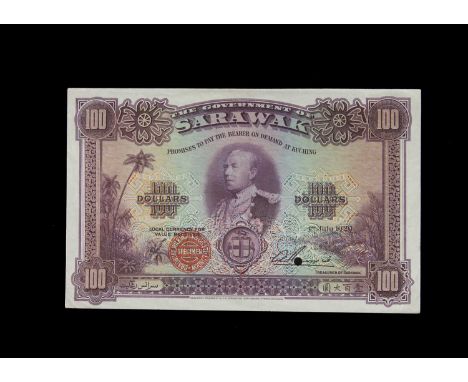 Specimen Bank Note:  The Government of Sarawak specimen 100 Dollars, dated 1929, one signature, no serial number, red BRADBUR