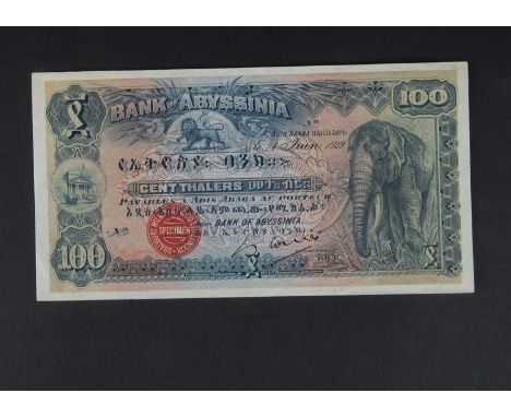 Specimen Bank Note:  Abyssinia specimen 100 Thalers,  dated 1929, one signature, no serial numbers, red Bradbury Wilkinson SP