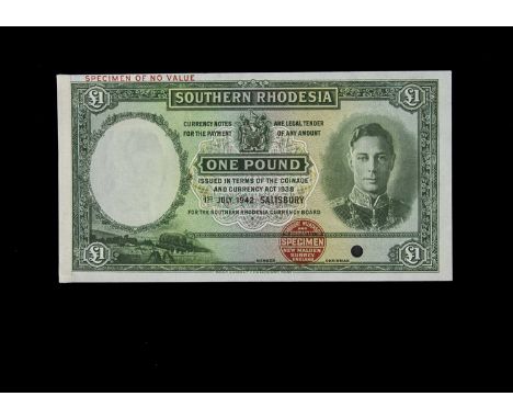 Specimen Bank Note:  Southern Rhodesia specimen 1 Pound, dated 1942, no signature, no serial number, red  BRADBURY WILKINSON 