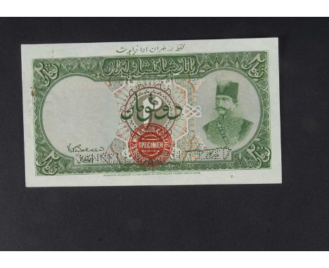 Specimen Bank Note:  The Imperial Bank of Persia specimen 2 Tomans, circa 1930, no serial number, red BRADBURY WILKINSON SPEC