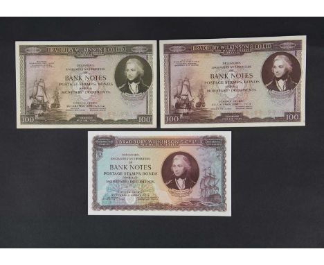 A collection of three Bradbury Wilkinson and Co Ltd Advertizing Banknotes, circa 1980's, double sided, all in good condition,