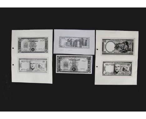 Yemen, a collection of face and reverse photographs showing  Bradbury Wilkinson designs for various notes, including  a  50 R