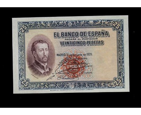 Specimen Bank Note:  Spain specimen 25 Pesetas, dated 1926, issued by El Banco De Espana, two signatures, no serial number, r
