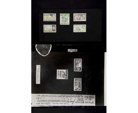 Bahrain, five handpainted preparatory design essays for 5 Fils and 1 Dinar stamps, each laid on black paper marked Feb 1965 i