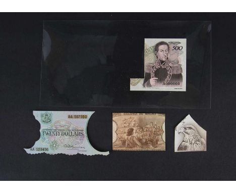 A collection of design essay and printed fragments, including a section of a 500 bolivar note from Venezuala depicting the po
