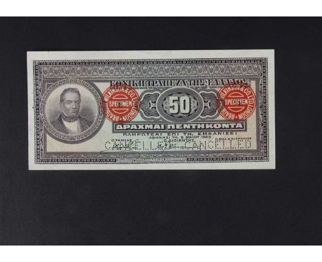 Specimen Bank Note:  Greece specimen 50 Drachmai, dated 1923, two signatures, no serial number, two 'CANCELLED' perforations 