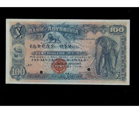 Specimen Bank Note:  Abyssinia specimen 100 Thalers,  circa 1929, no signature, no serial numbers, red Bradbury Wilkinson SPE