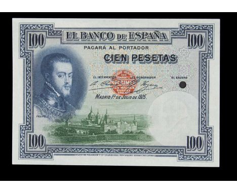 Specimen Bank Note:  Spain specimen 100 Pesetas, dated 1925, issued by El Banco De Espana, two signatures, no serial number, 
