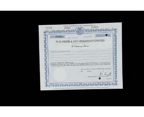 W H Smith & Son Ltd Specimen share certificate, likely produced by Bradbury Wilkiinson & Co, in blue and black print and meas