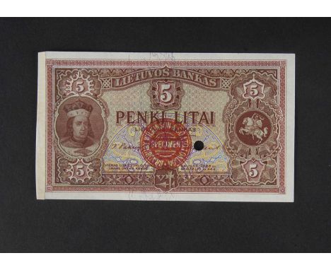 Specimen Bank Note:  Lithuania specimen 5 Litai, dated 1929, issued by Lietuvos Bankas, three signatures, no serial number, r