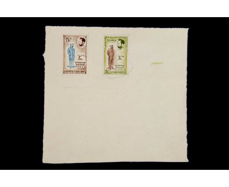 Ethiopia, two handrawn and watercolour painted designs for Ethiopia 5c stamps with portrait top right and standing portrait, 