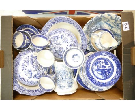 A mixed collection of blue and white Adams and similar tea and dinnerware items to include tureens, side plates, cups, saucer