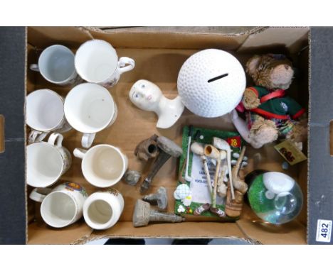 A mixed collection of items to include carved chess pieces, Royal commemorative mugs, clay pipes, golf memorabilia, etc.