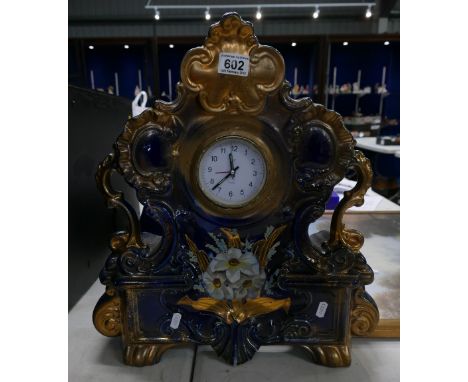 Late twentieth century ceramic mantle clock with floral decoration