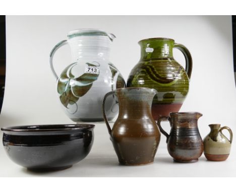 A collection of vintage studio art pottery including large stoneware decorated jug ,another jug marked LD, various smaller ju
