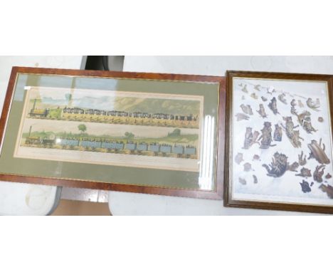 Large reproduction framed print of the Liverpool and Manchester railway with later similar item from the Tabbey Toboggan Club