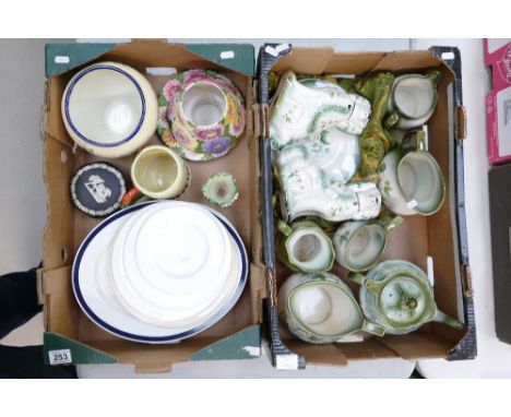 A mixed collection of items to include Blakeney jugs, teapots, ceramic dogs; together with Wedgewood trinket box, Crown Devon