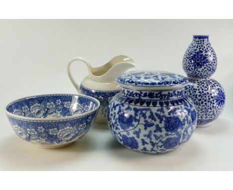 A masons iron stone blue and white jugs and basin, Chinese blue and white vase, a Chinese large round jar and cover (4)  