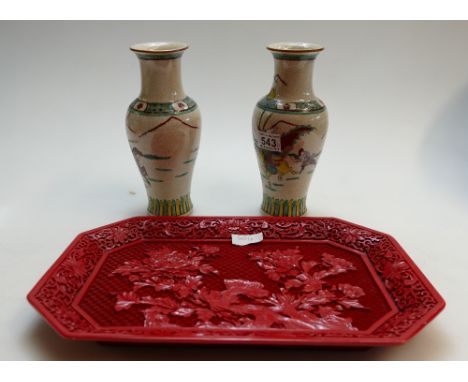 Pair early 20th century Chinese pottery vases decorated with men on horseback in enamel colours, height 25cm and red lacquer 