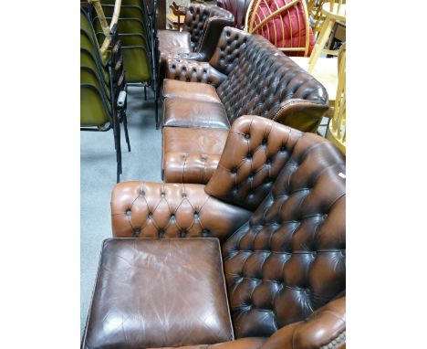 Brown leather three piece Chesterfield wing back suite comprising of three seater sofa and two arm chairs (3)