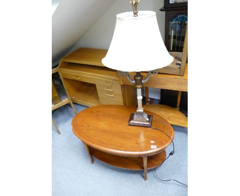 Yew oval coffee table togther with classically shaped two bulb table lamp(2)