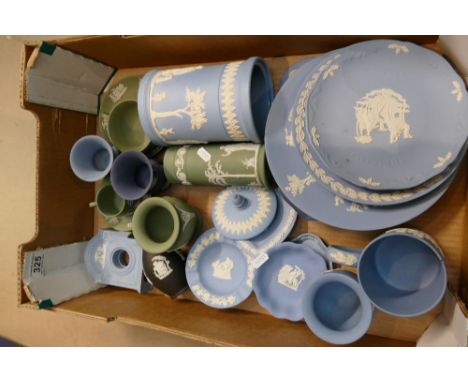 A collection of Wedgwood jasperware items to include commemorative plates, pin trays, ash trays, sage green cups and saucers 