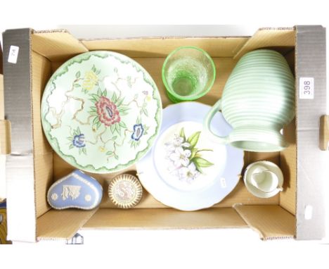 A collection of pottery items including large dish, Wedgwood jasperware, Spode plate, crinkle glass vase, Shelley small jug a