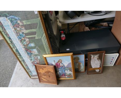 Large framed tapestry of "The Last Supper" by Leonardo with another tapestry "The Good Shepherds", a framed wooden plaque, a 