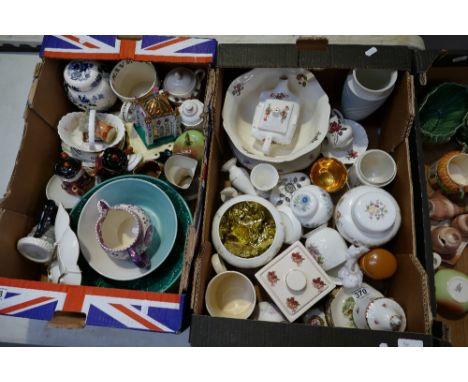 A mixed collection of ceramic items to include Wedgwood vases, salad bowls, lustre water jug, Coalport Cottage, etc. (2 Trays