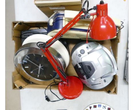 A mixed collection of items to include Bush radio, wall clocks, articulated lamp