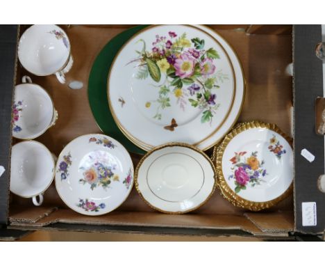 A collection of hand painted Caverswall plates, bowls and tea cups and Royal Doulton gilt saucers