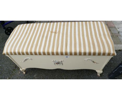 Jarman and Platt white French style blanket box with ceramic plaque decoration and upholstered top