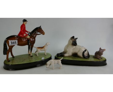 Beswick Tableau piece Huntsman and hounds (one hound detached and broken) on ceramic base together with simlar Beswick Siames