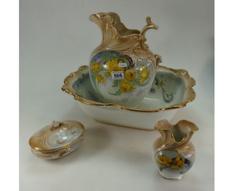 Large Royal Doulton gilt and floral decorated bedroom set to include water jug (damaged handle), basin, powder box and small 