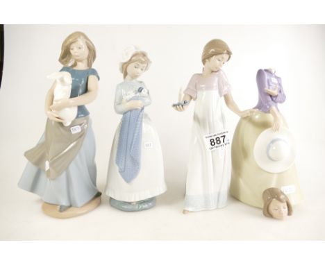 A collection of Nao figures to include girl with candle, girl with rabbit, girl with dog and girl holding hat (re-stuck hat) 