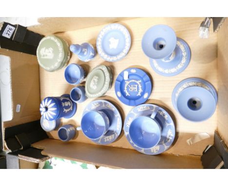 A collection of Wedgwood jasperware items to include cups, saucers, candlesticks, trinket boxes etc