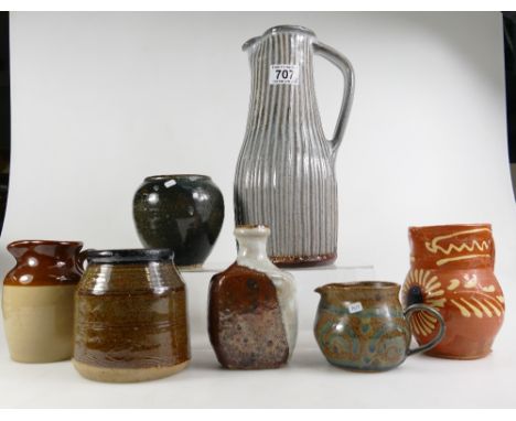 A collection of vintage studio art pottery including Mark Griffith's large jug, high fired bottle vase impressed Harding, Vas