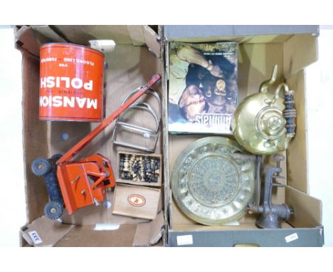 A mixed collection of items to include brass kettle, mincer, collection of 1960's Animals magazines, wooden chess set and Tri