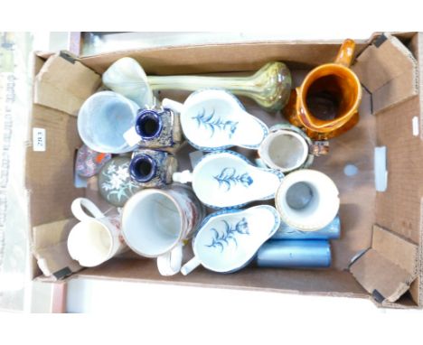 A mixed collection of ceramic items to include twentieth century satsuma vases, damaged Victorian tankards, glass etc