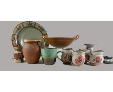 A collection of vintage studio art pottery including Malcom Pepper large dish,Roger Cockram Northcott two handled bowl, vario