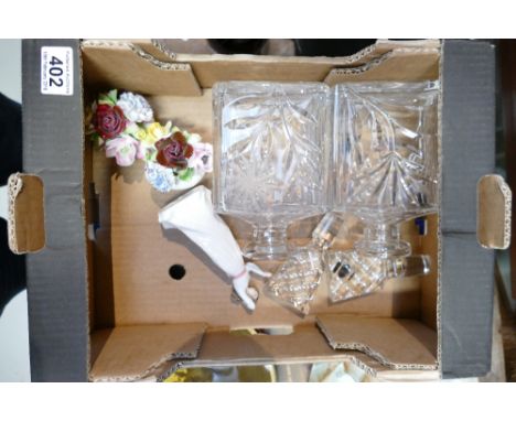 Pair cut glass decanter decorated with flowers, 2 floral fancies nad Royal Doulton figure With Love (seconds) (5)