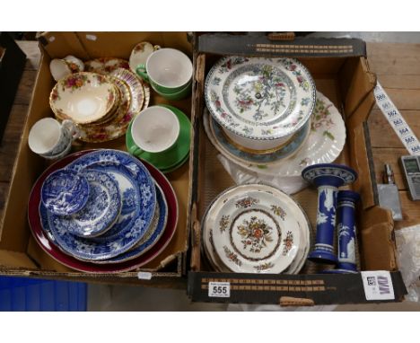 A mixed collection of ceramic items to include early dipped Wedgwood candlesticks (damaged), Woods Ironstone plates, Royal Al