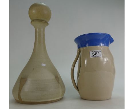 Large mid century unmarked studio ware decanter and similar water jug (2)