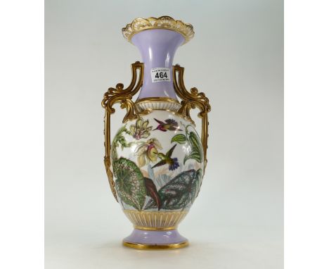 Large Porcelain two handled vase gilded and handpainted with humming birds,butterfly and various flowers signed F R Jones 197