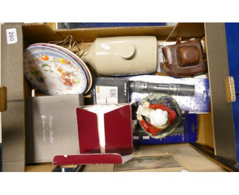 Interesting Job lot including Reg Johnson figure, camera, large cut glass paperweight boxed, fishing tackle, Wedgwood snowman