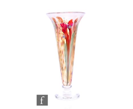 Richard P. Golding - Station Glass - A contemporary studio glass vase, of tall footed flared form, decorated with stylised re