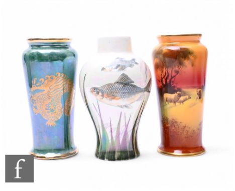 W Hunt - A Royal Doulton series ware vase, Sheep at Sunset, of shouldered form, decorated with a flock over yellow and orange