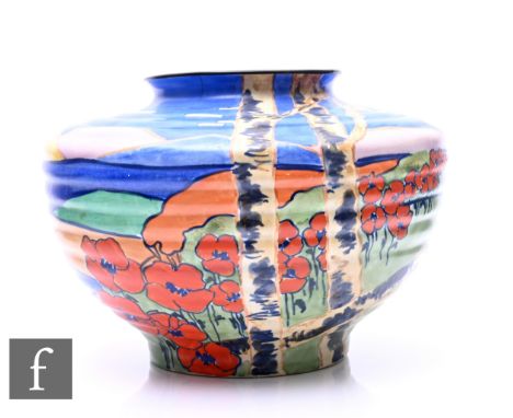 John Butler - Tahiti Papaver - A large shape 371 Kidney vase circa 1929, hand painted with a stylised landscape with flowers 