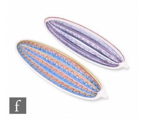 Poole Pottery - Two Freeform cucumber dishes, of elongated moulded ridged form, stiped glazed with black wavy wiens and glaze